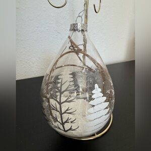 VTG. Drop Glass Christmas Ornament With Painted Silver and White Trees.